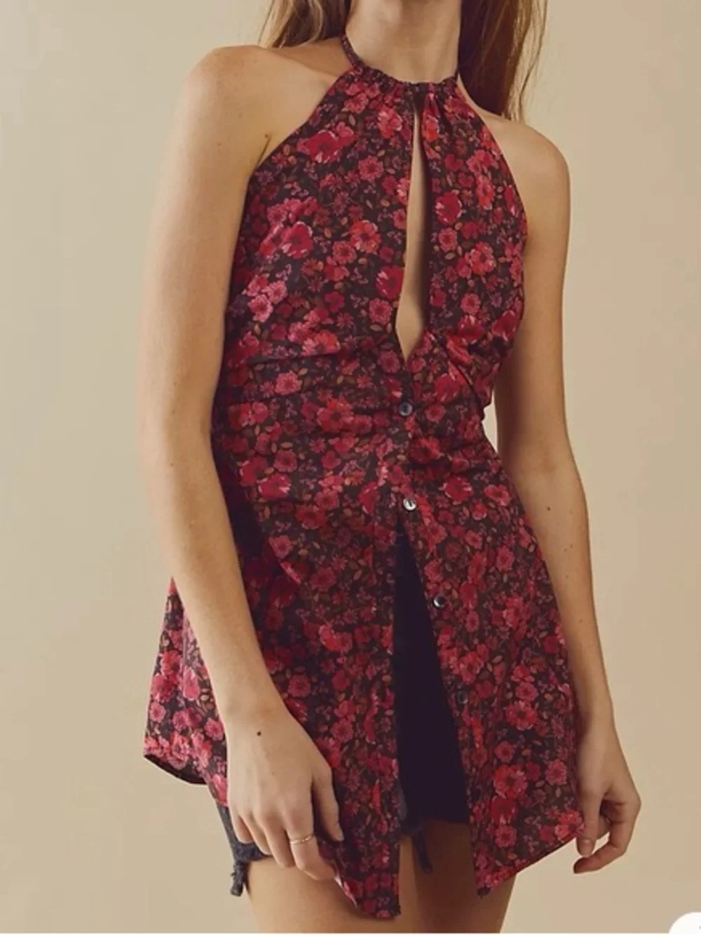 NWOT Free People Lyla Halter Tunic Top in Ditzy Floral Size S Z448